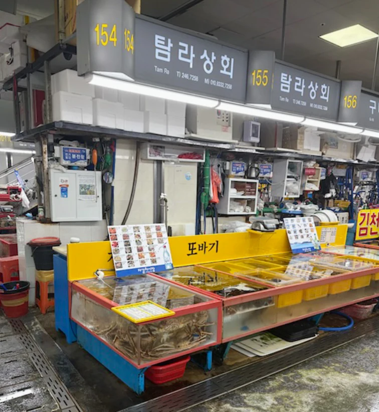 チャガルチ市場内のタムラ商会。154・155の番号板と屋号の看板の下に、黄色いカウンターと活魚水槽が並ぶ。